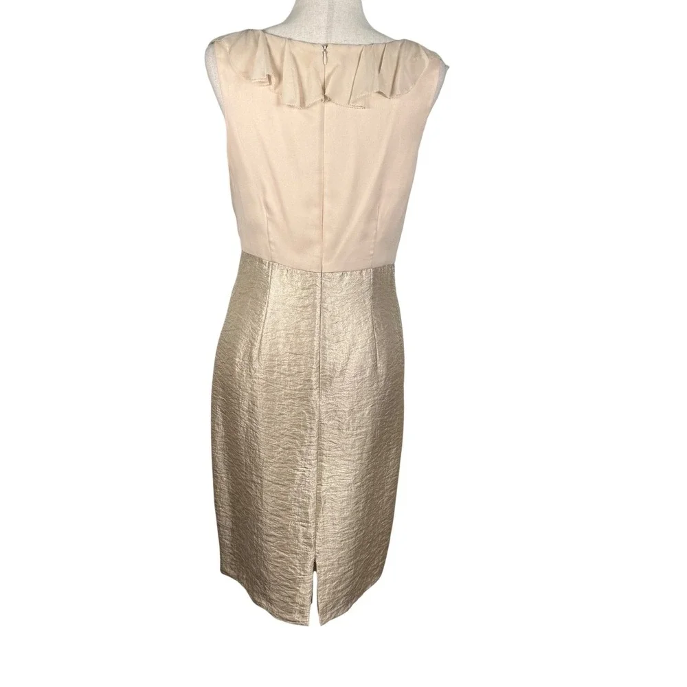 Kay Unger Sheath Dress Womens‎ 8 Gold Silk Ruffle V-Neck Metallic Cocktail Luxe
